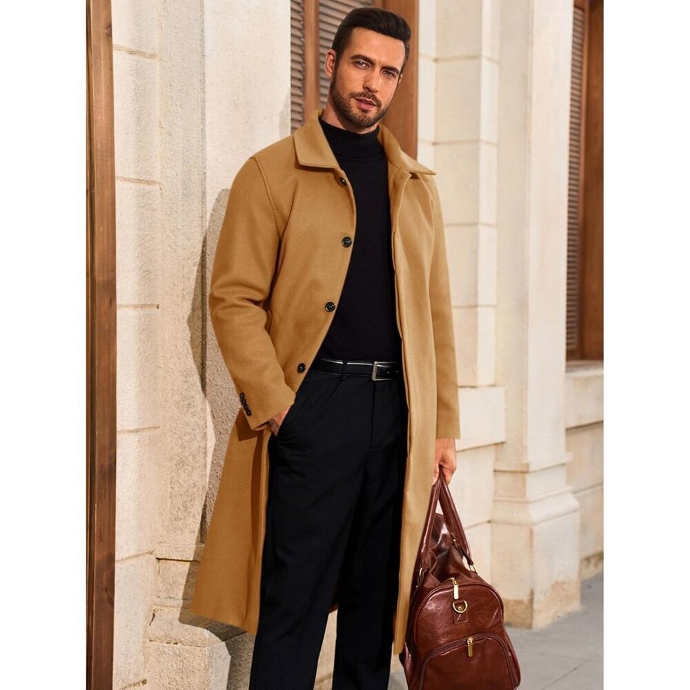 Men's Khaki Long Trench Coat Single Breasted Casual Winter Warm Pea Coat - Picture 2 of 5